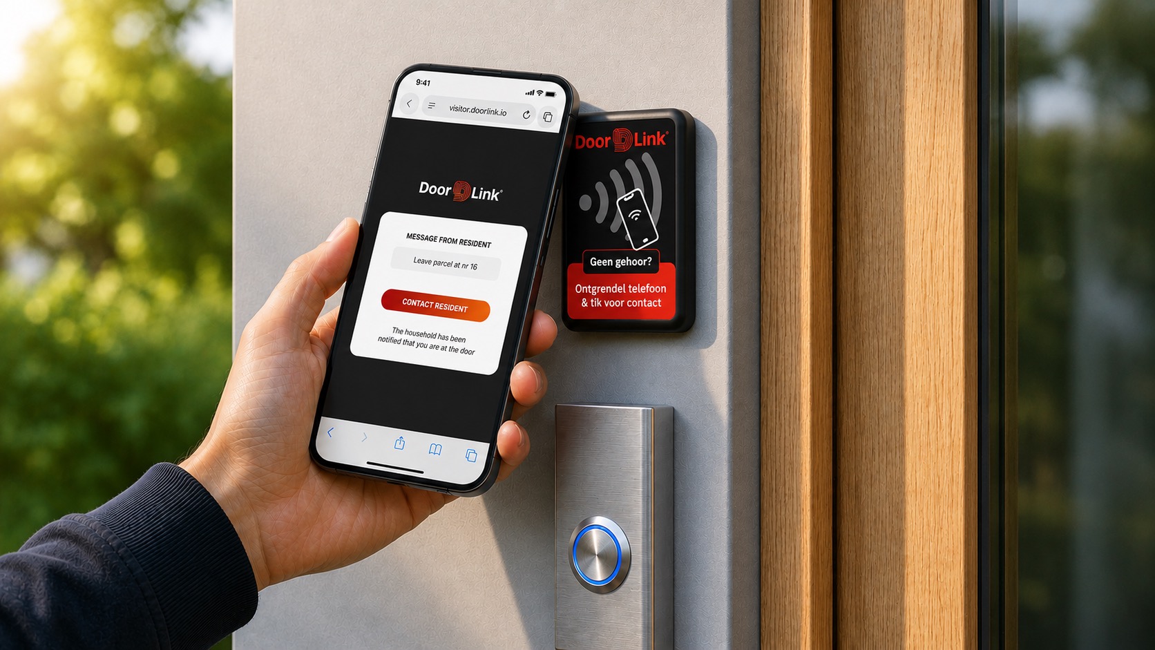 A hand holding a phone against the DoorLink device, mounted beside a doorbell on a front door