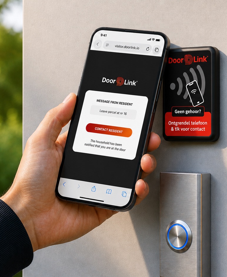 A hand holding a phone against the DoorLink device, mounted next to a doorbell on a front door